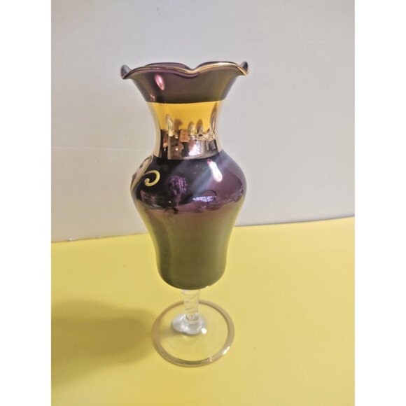 Vintage NASCO Japan Amethyst Glass Vase Raised Enamel Flowers 7" - Picture 8 of 10